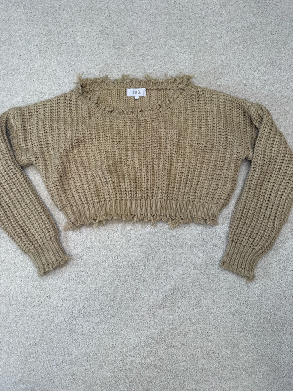 LUCCA Cropped Distressed Waffle Knit Sweater - Tan